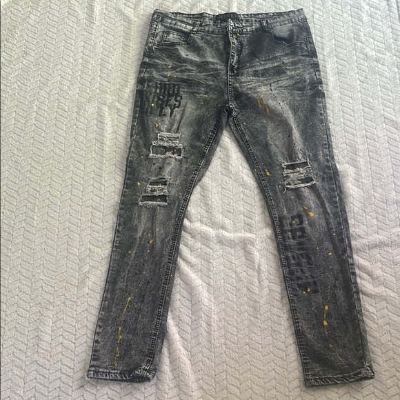 Encrypted Distressed Gray and Black Jeans with Yellow Accents - Picture 1 of 8